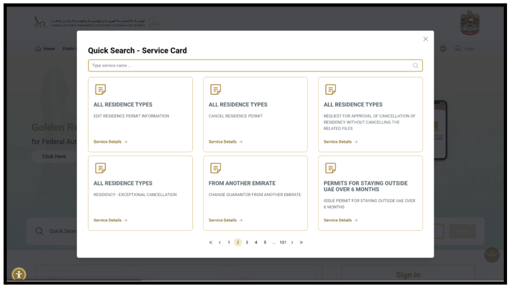 ICP Smart Services Website -Residency Permit Services - Quick Search Page